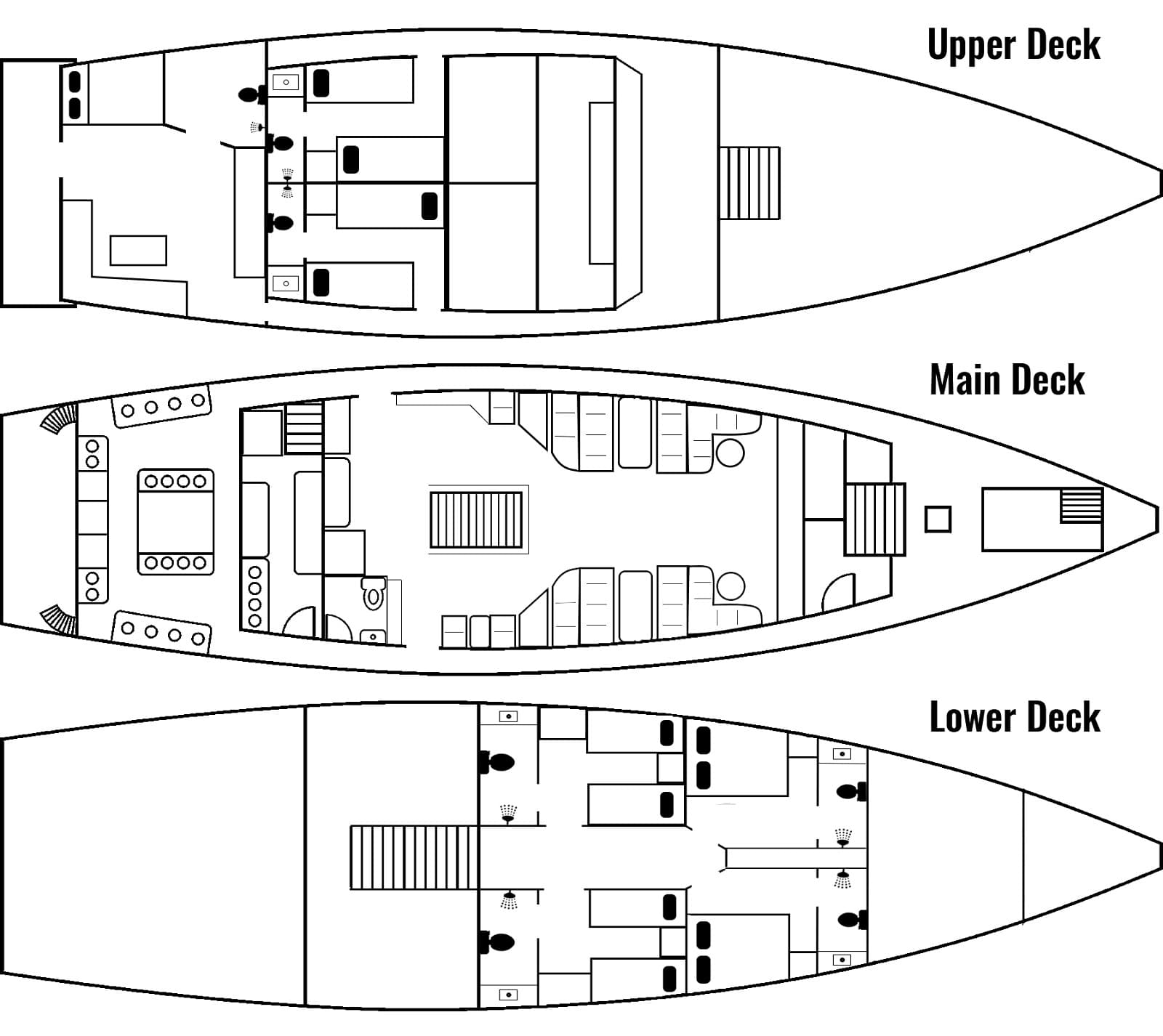 Deck plan of La Galigo showing cabin, bathroom and lounge layout across the upper, main and lower decks