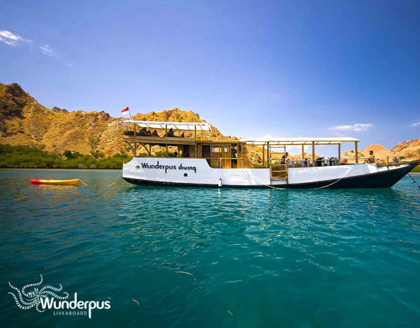 Mimic liveaboard anchored near a rocky hillside with a small kayak floating alongside in turquoise water