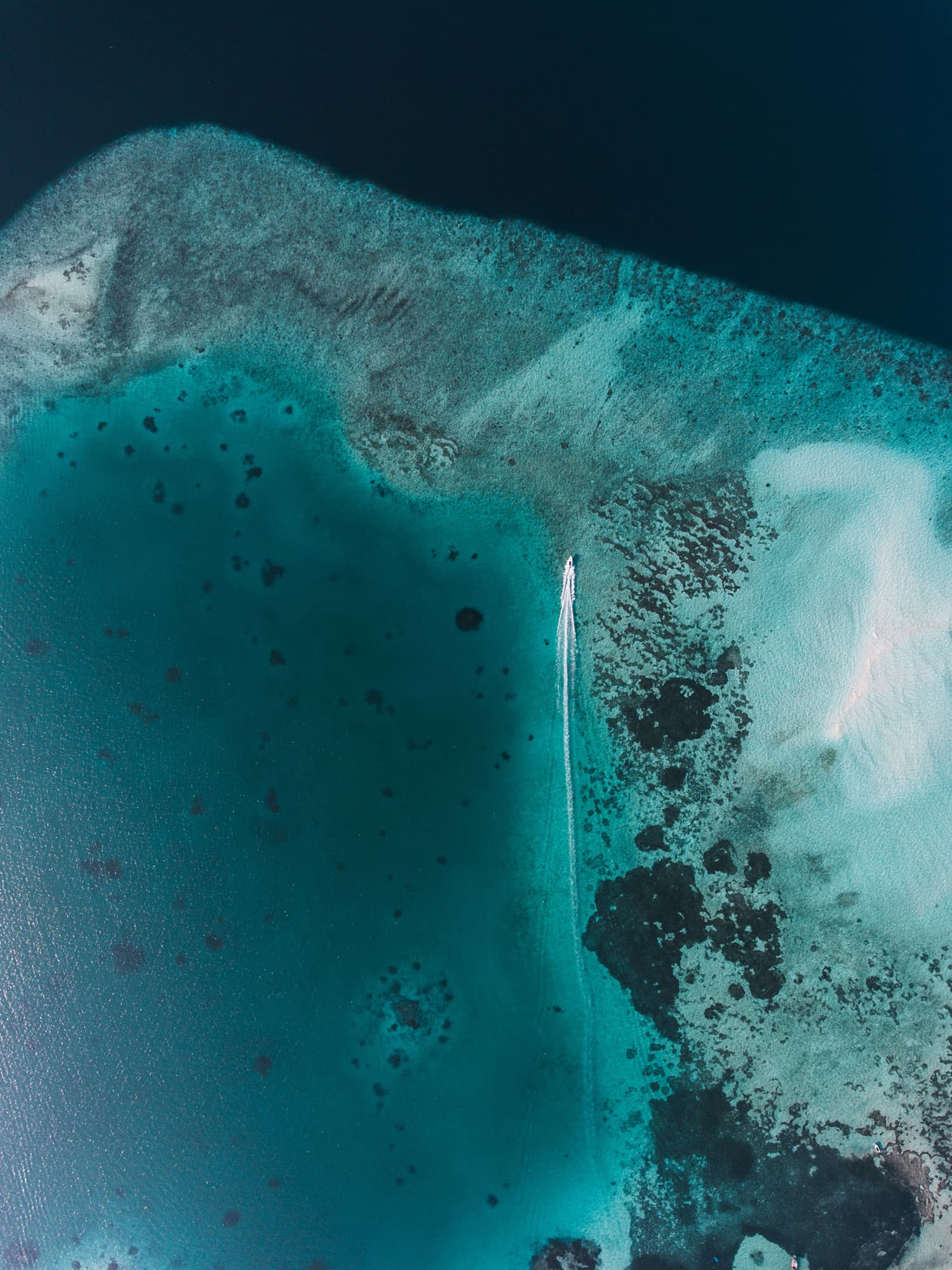 Aerial view of a small boat's wake cutting through turquoise shallows and dark coral patches near a sandy reef edge