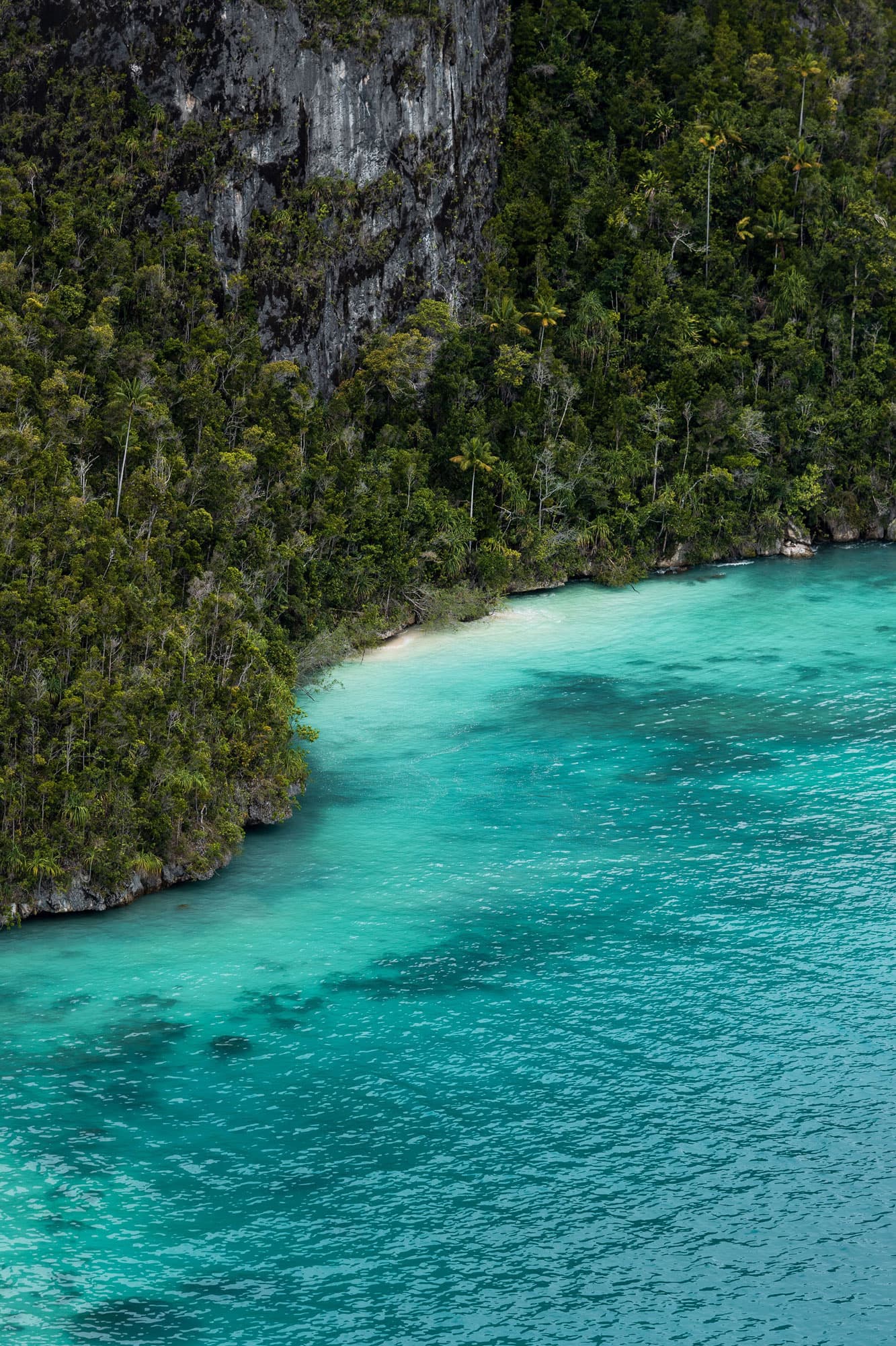 Aerial view of a small white sand beach nestled between a limestone cliff and turquoise water