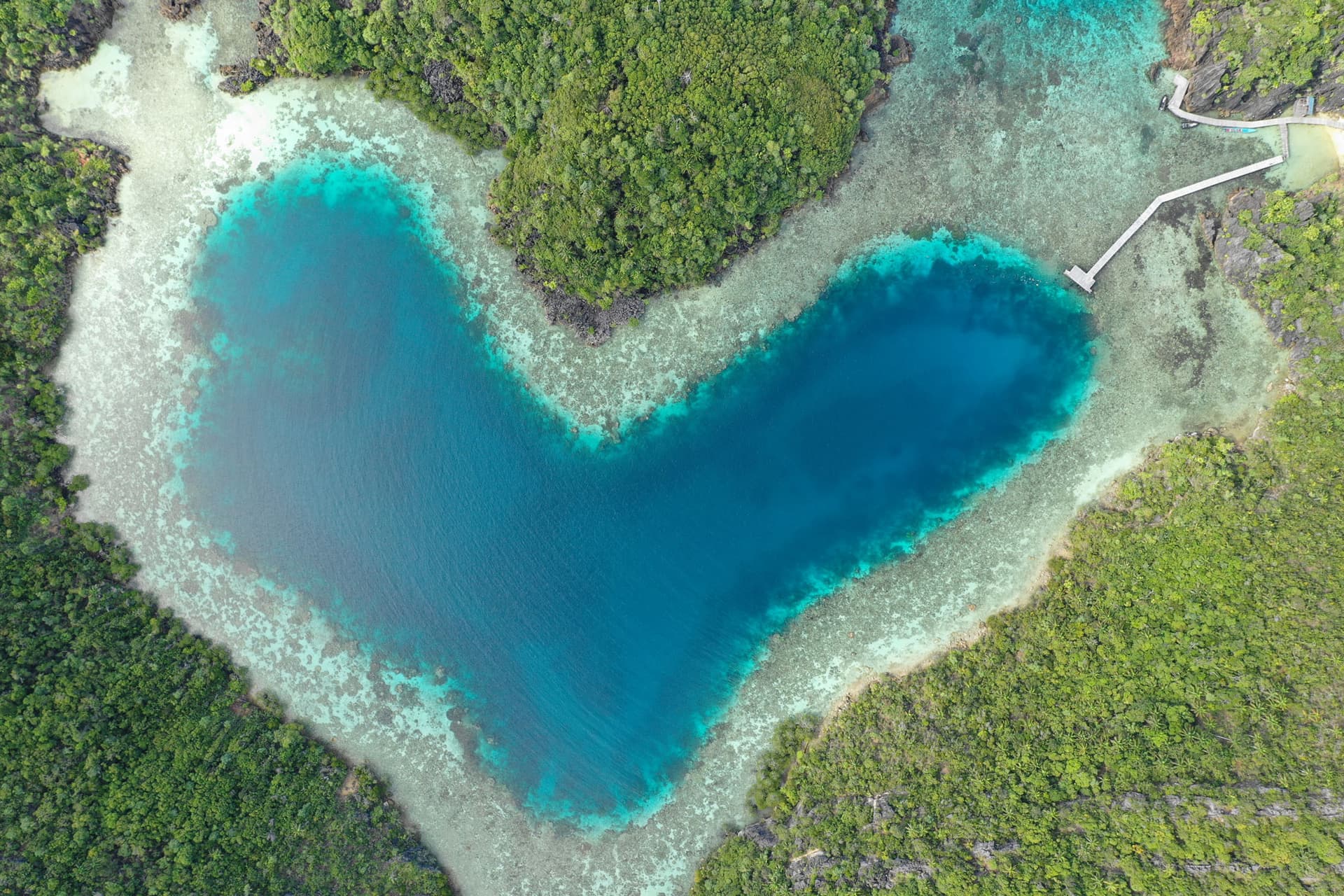 Aerial view of a heart-shaped blue lagoon surrounded by dense forest, with a wooden jetty extending into the water