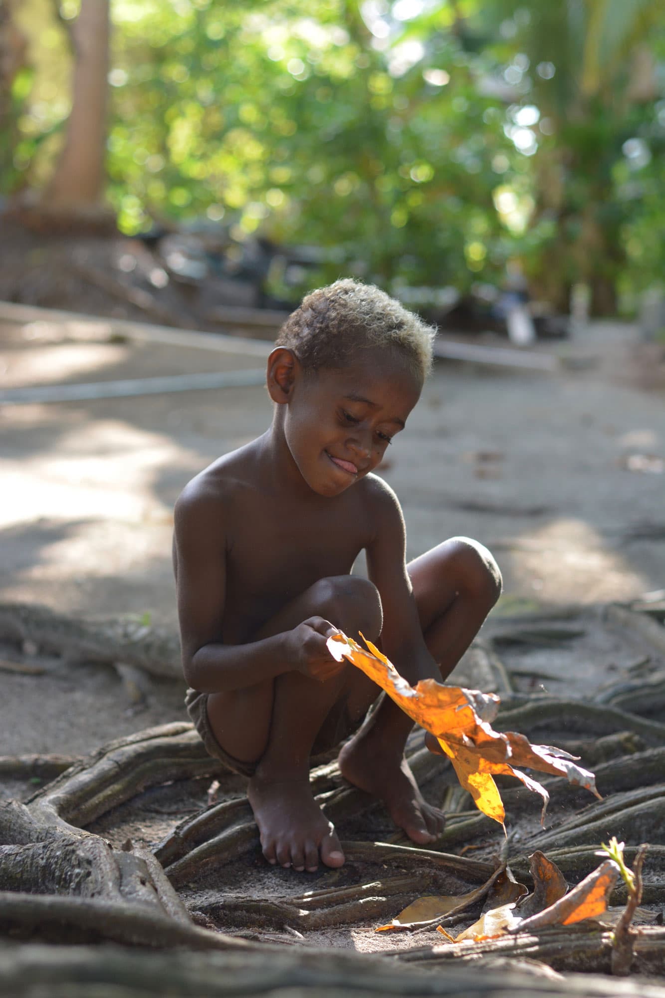 Child crouching on tree roots, holding a dried leaf, smiling in dappled sunlight beneath green foliage