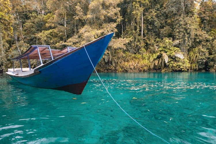 Blue wooden boat anchored on turquoise water with a rope leading to shore lined with dense forest