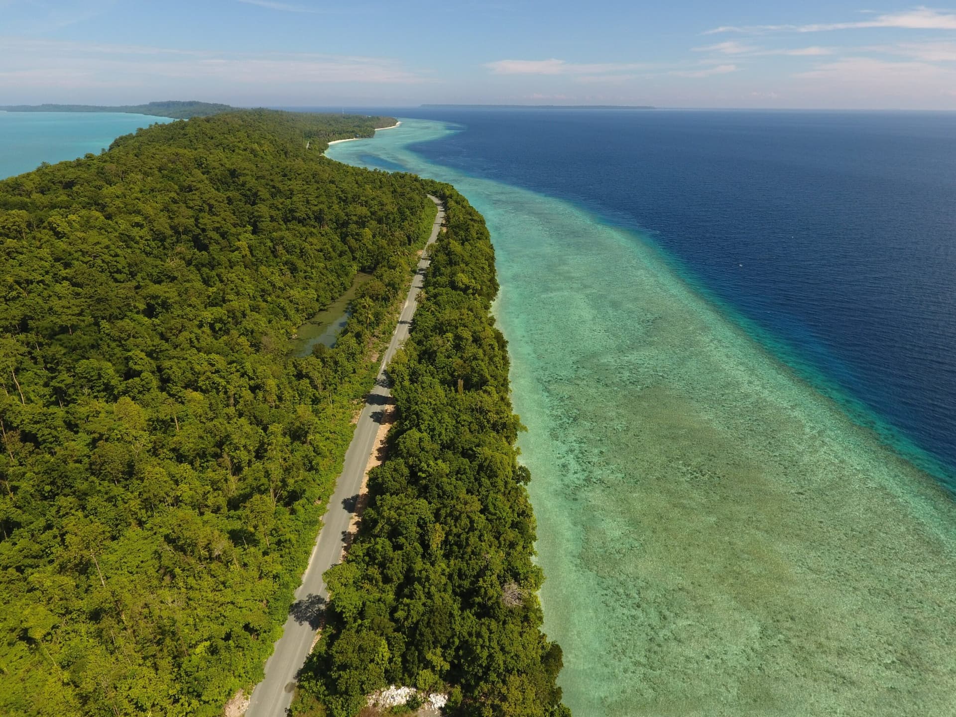 Aerial view of a coastal road winding through dense forest alongside a coral reef and turquoise sea
