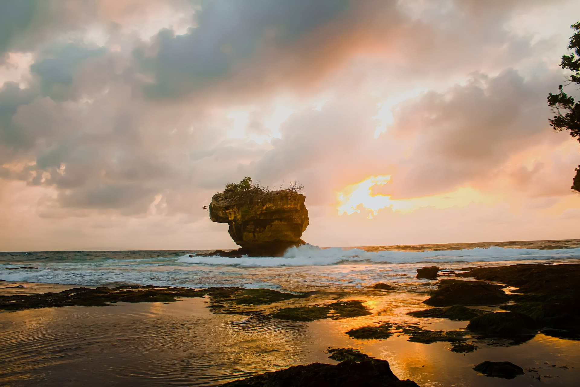 Isolated rock formation topped with vegetation rising from surf at sunset, with tidal pools reflecting orange sky in foreground