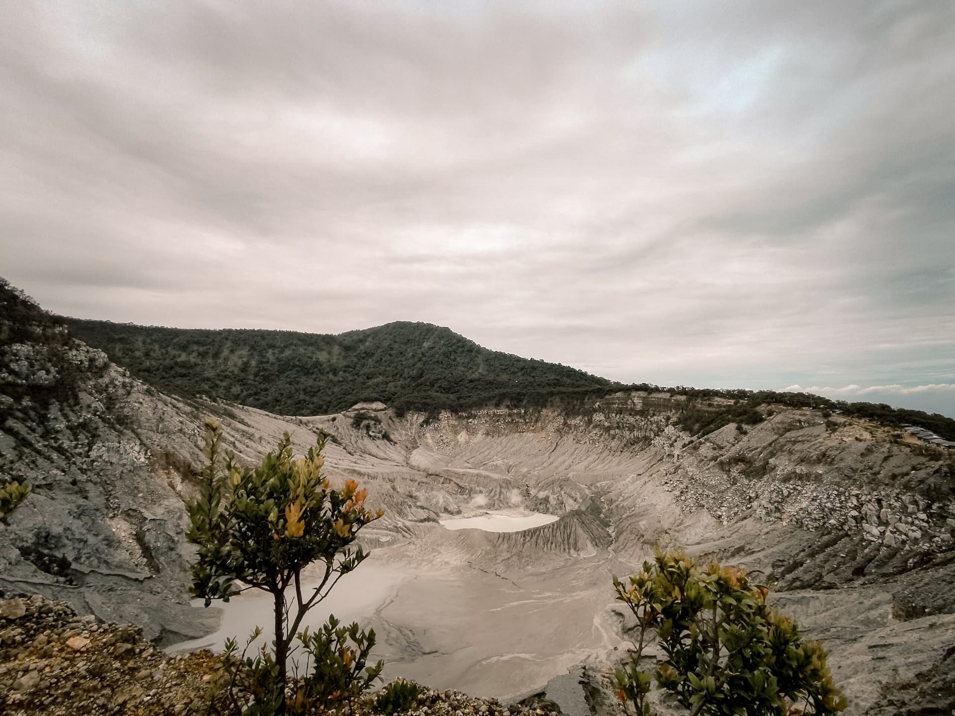 Wide volcanic crater with pale gray-white slopes, a small pool at its base, forested ridge behind under cloudy skies