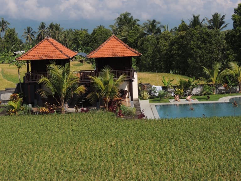 Atres Villa's twin pavilions with orange roofs overlook a swimming pool and rice paddies, with tropical vegetation in the background