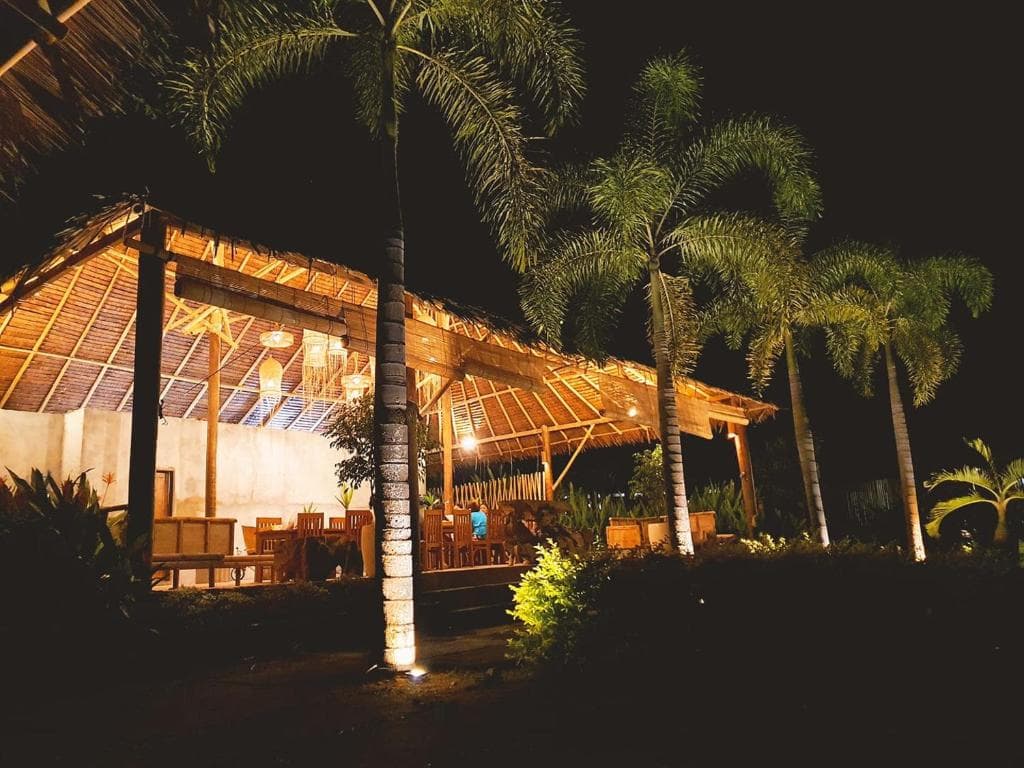 D'Lagoon Dive Resort's illuminated open-air pavilion with wooden structure, palm trees, and outdoor seating at night