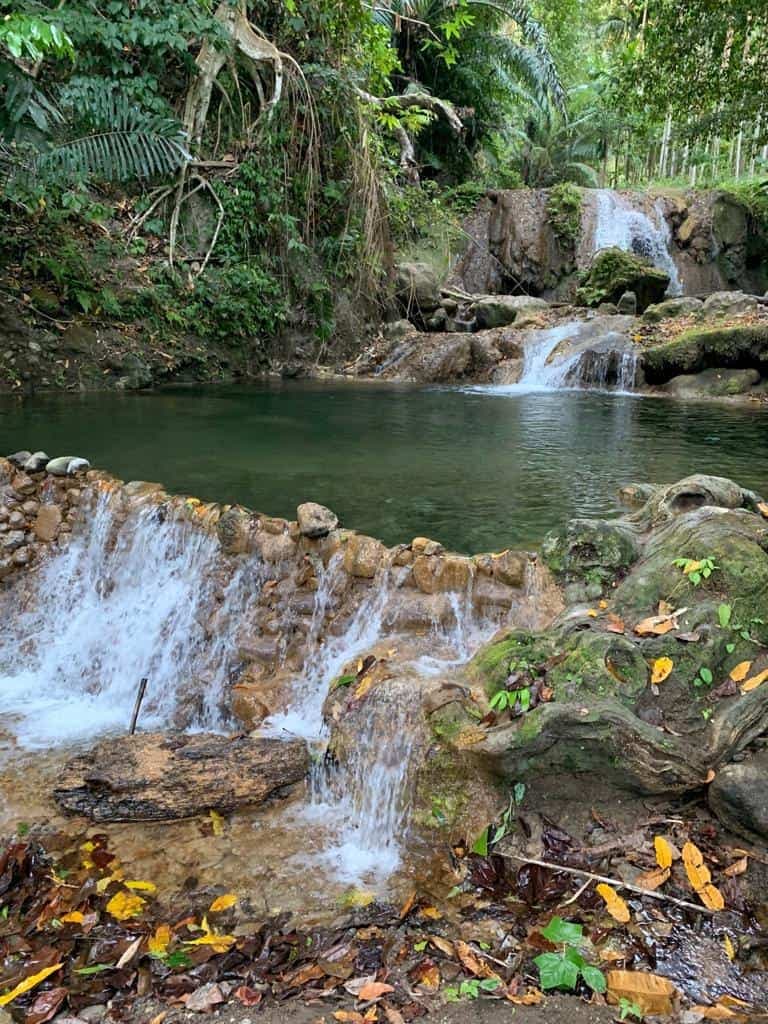 Tiered waterfall cascading into a clear green pool surrounded by moss-covered rocks and dense tropical forest vegetation