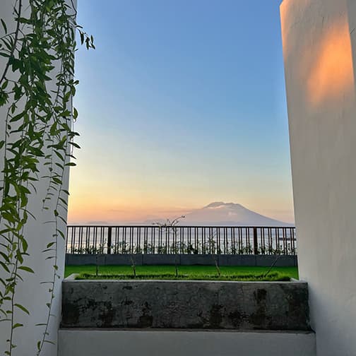 View from a Sea La Vie balcony framed by white walls and green climbing plants, with a railing and distant volcanic peak at sunset