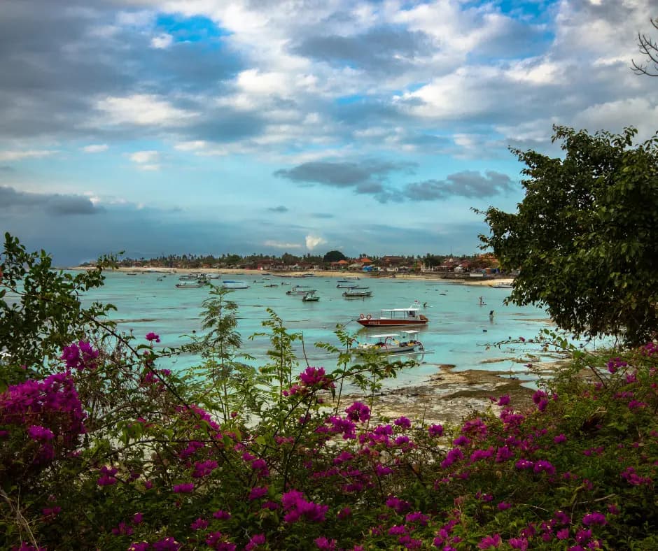Bright pink bougainvillea framing a shallow turquoise bay with anchored boats and a distant shoreline under a cloudy sky