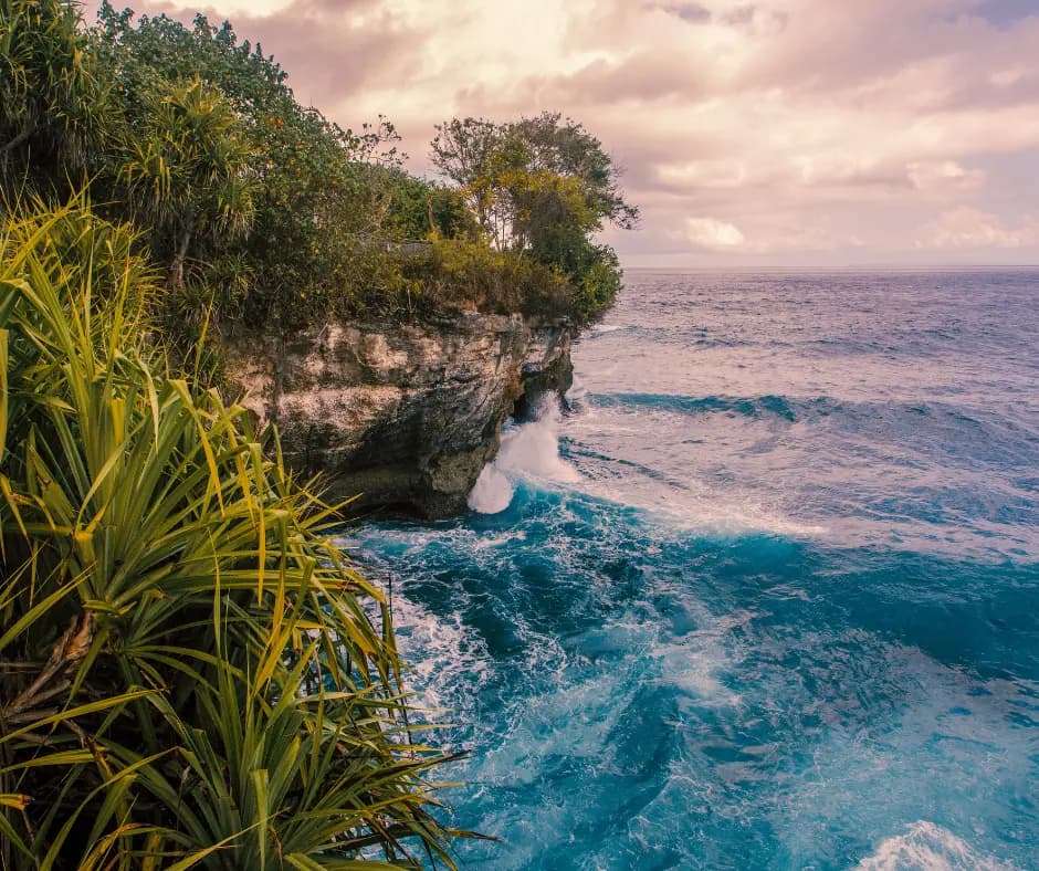 Waves crash into a limestone cliff topped with green trees, turquoise water swirling below under a cloudy sky