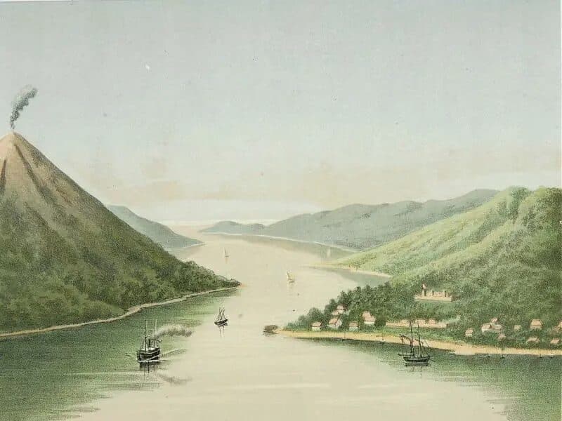 Vintage illustration of a smoking volcanic cone beside a strait with boats, a waterside village, and forested hills
