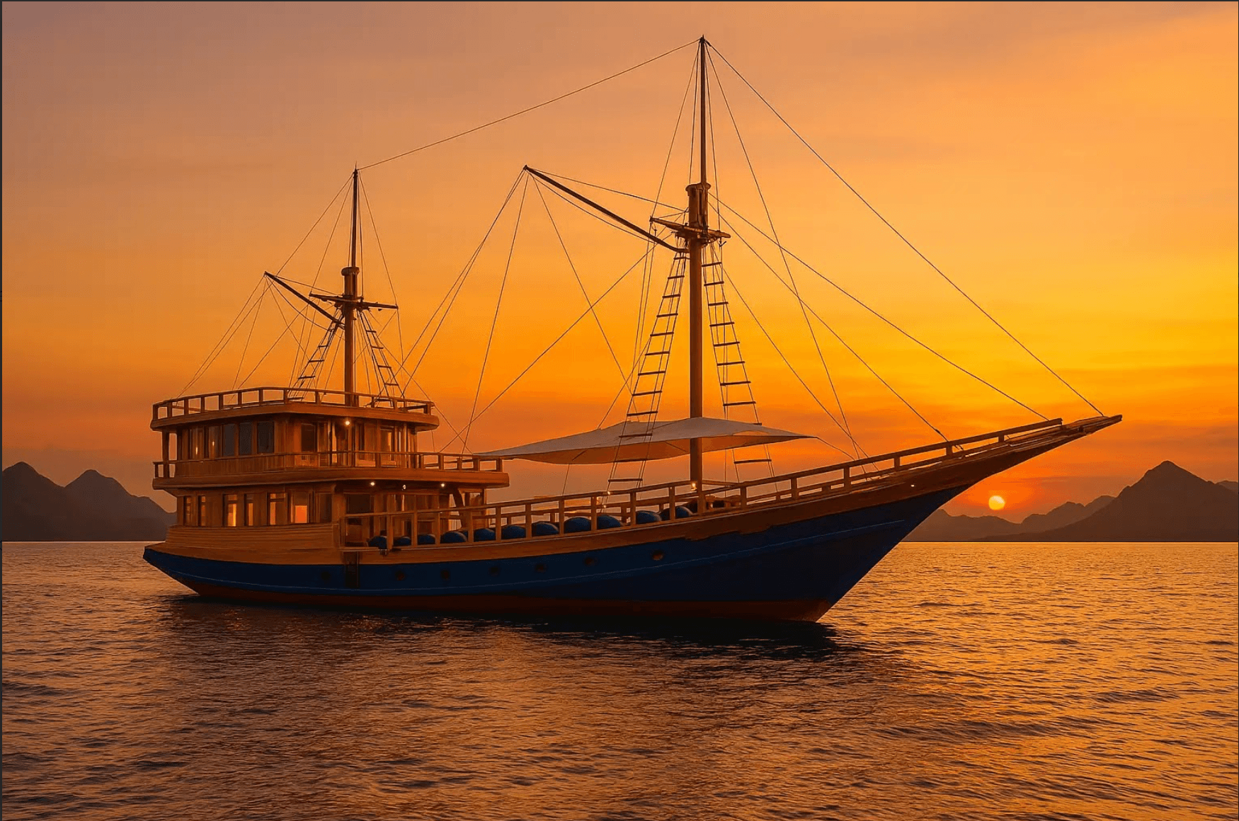 Blue Lotus liveaboard with twin masts anchored on calm water at sunset, silhouetted hills in the distance