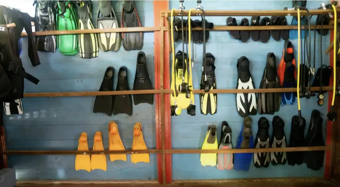 Organized wall-mounted storage racks displaying fins, masks, helmets, and diving equipment in various colors including yellow, black, and orange