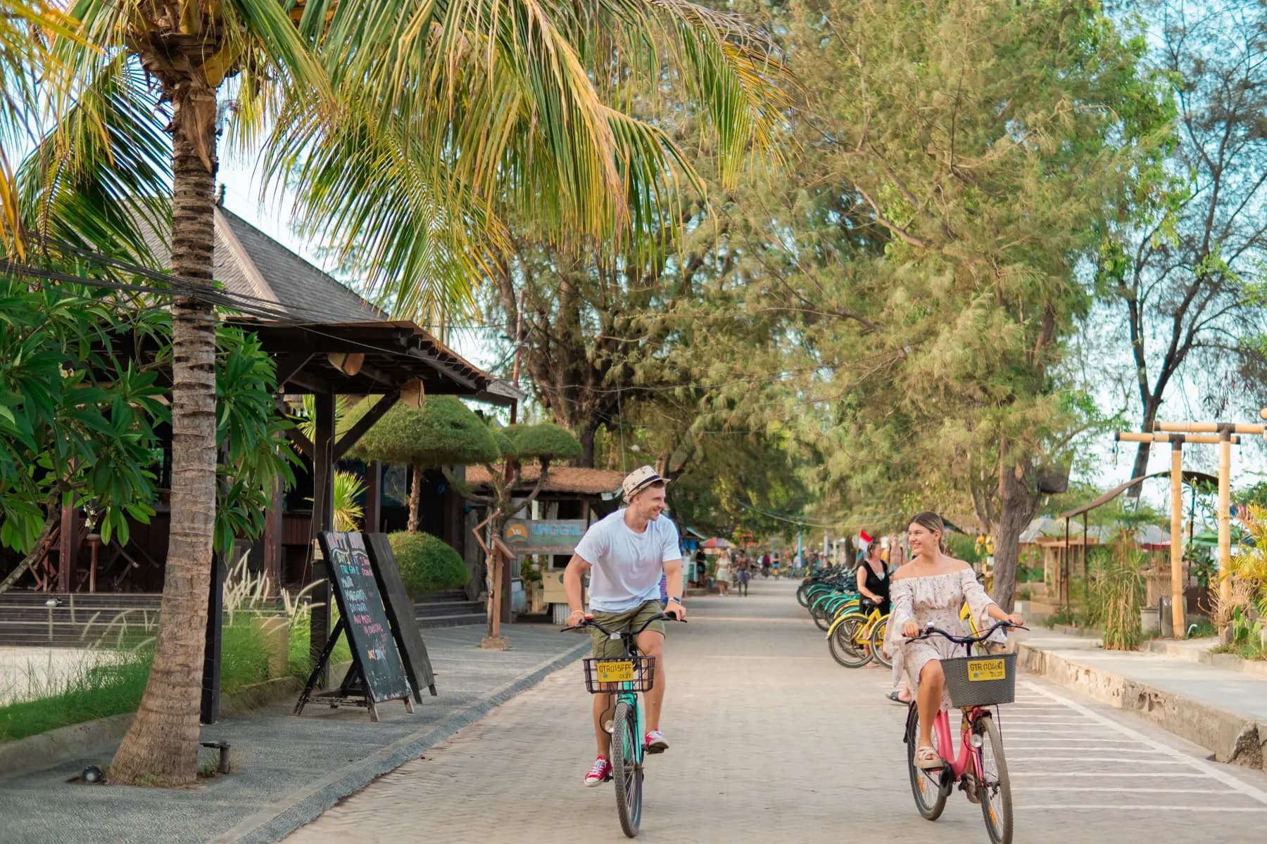 Two guests ride bicycles along a paved pathway lined with palm trees and wooden structures at Villa Almarik