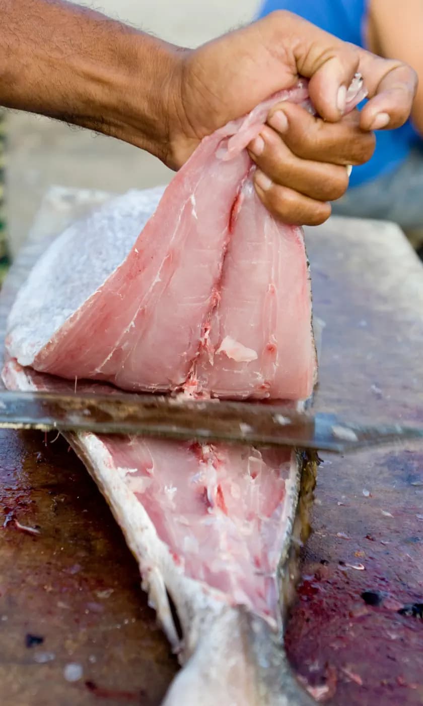 A person's hands filleting a fish on a wooden board, using a knife to separate the pink flesh from the skin