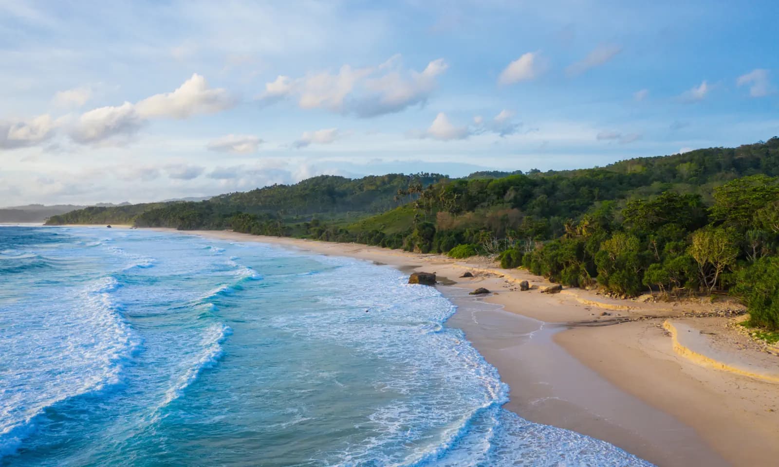 Aerial view of turquoise waves breaking on a sandy beach lined with dense green forest under a partly cloudy sky