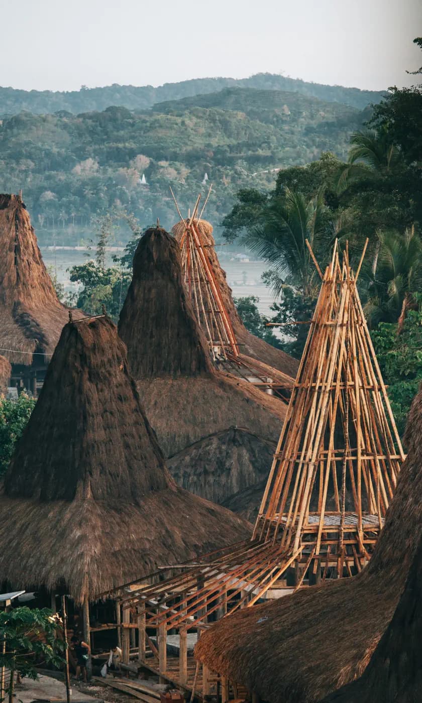 Traditional peaked thatched roofs with a bamboo frame under construction, overlooking forested hills and a coastline