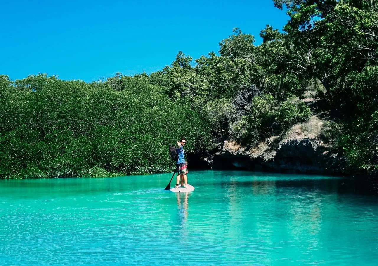 A person stands paddling on a paddleboard across turquoise water, surrounded by dense green trees and a rocky outcrop