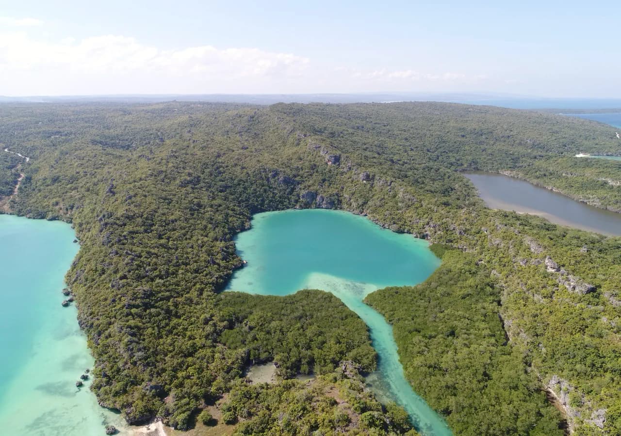 Aerial view of a turquoise lagoon surrounded by dense green forest with a river inlet and coastline in the distance