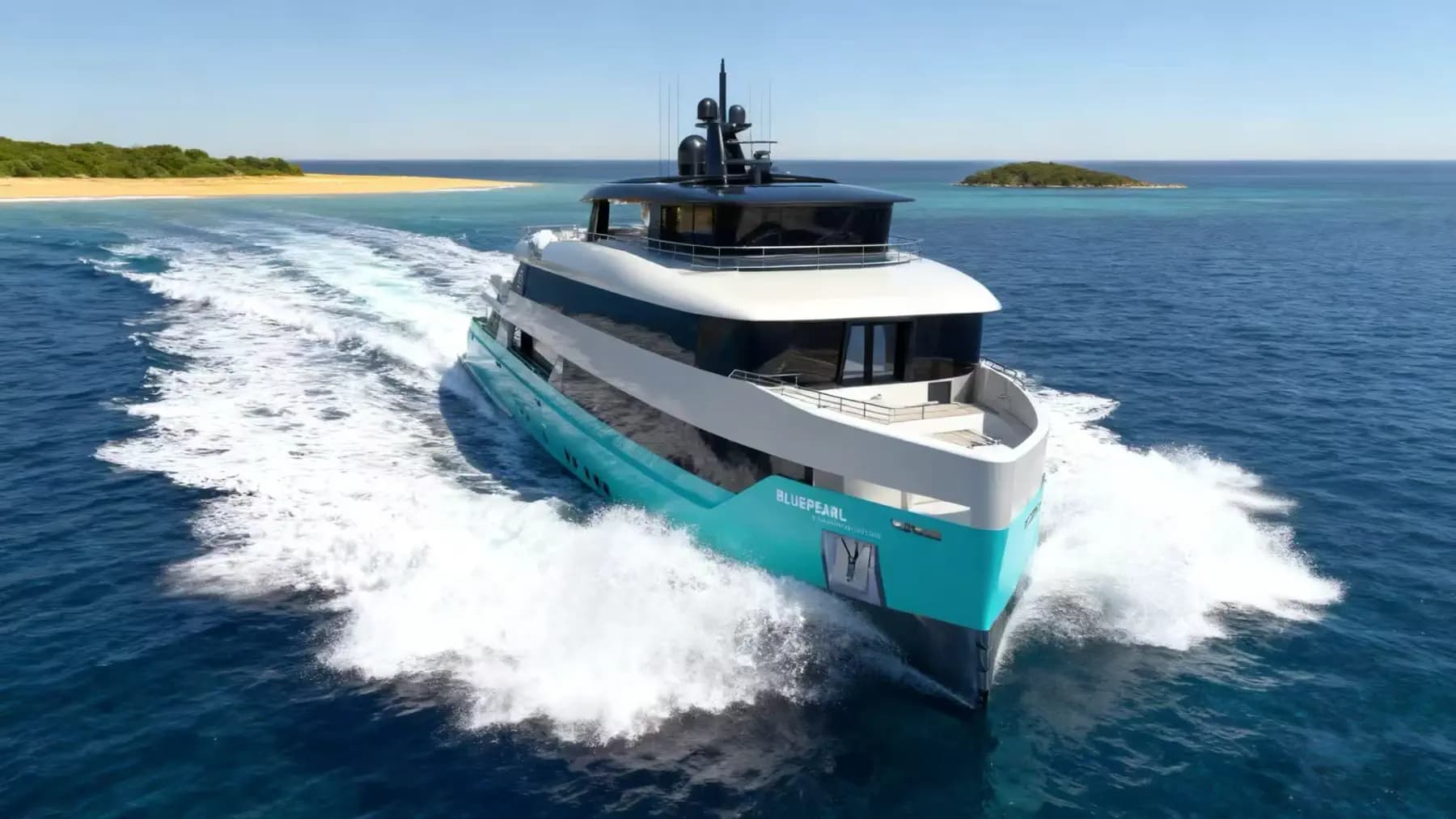 Blue Pearl liveaboard cruising at speed leaving a large wake, with two small islands visible in the background